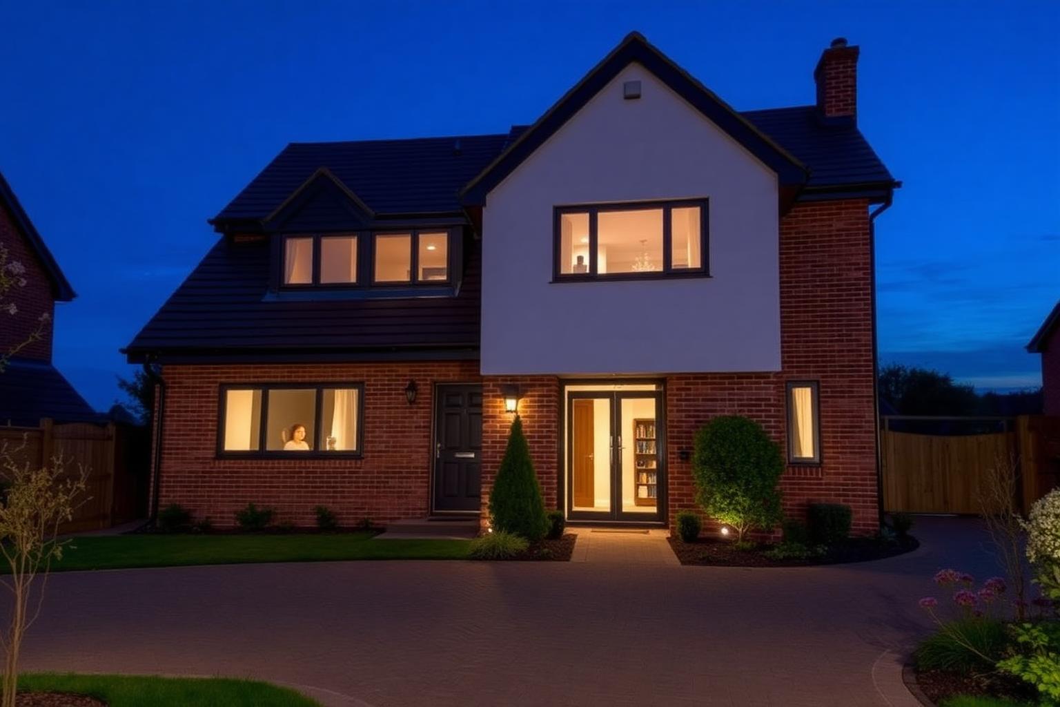Detached family home photographed at dusk with warm light in the windows
