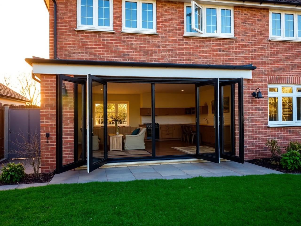 Rear exterior of a renovated home with bifold doors open to the garden