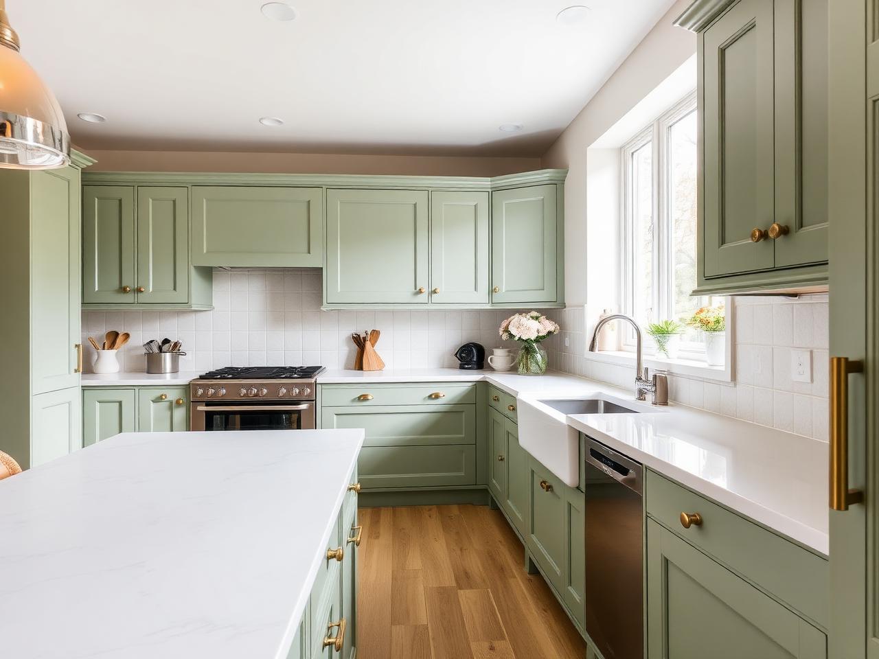 Modern sage-green shaker kitchen photographed for a residential property listing